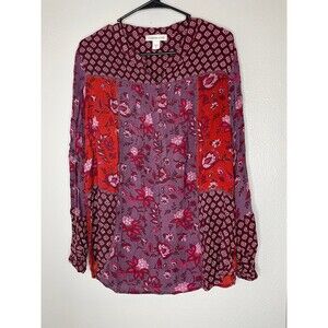 Coldwater Creek Patchwork Floral Boho Peasant Blouse XL Long Sleeve Multicolor